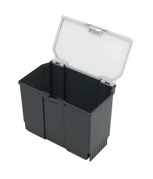 Une boîte noire vide et ouverte, munie d'un couvercle légèrement transparent.