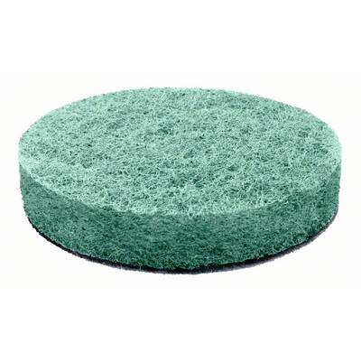 Une éponge de cuisine ronde et verte, posée sur un fond blanc. L'éponge a une texture rugueuse et est utilisée pour le nettoyage.