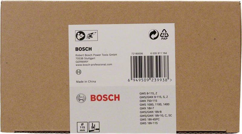 Carton avec le logo Bosch et le texte : « Robert Bosch Power Tools GmbH, Made in China ». Numéros de série et code-barres sont représentés.
