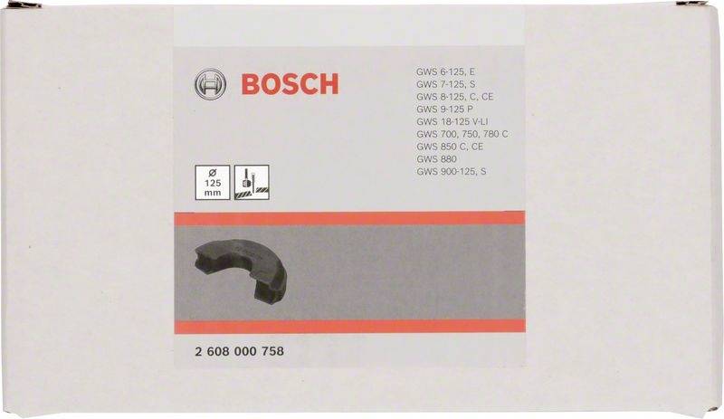 Un emballage Bosch présente une pièce de rechange pour meuleuse d'angle. Le logo Bosch en haut à gauche. Modèles : GWS 6-125, E, GWS 7-125, S, etc.