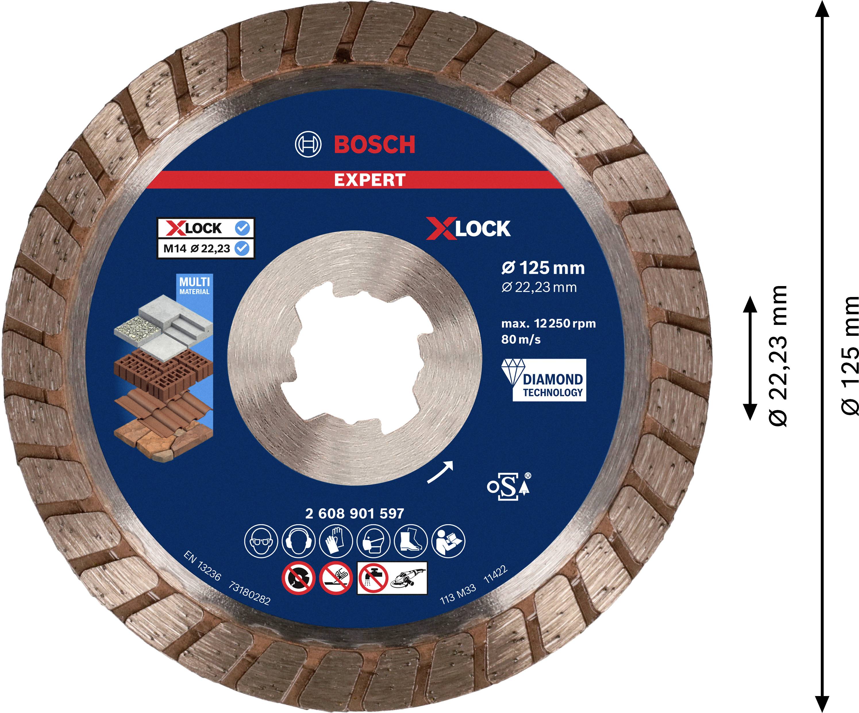 Un disque de coupe diamanté Bosch de 125 mm de diamètre, adapté à différents matériaux. Vitesse 12 250 tr/min.