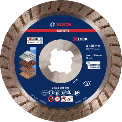 Disque diamanté Bosch Expert, 125 mm, adapté aux meuleuses d'angle X-Lock. Idéal pour la coupe du béton et des briques.