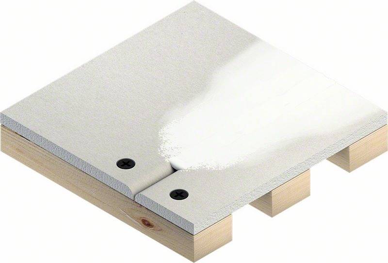 Coupe transversale d'une construction murale : Construction à ossature bois avec plaques de plâtre. La continuité est représentée par le jointoiement.