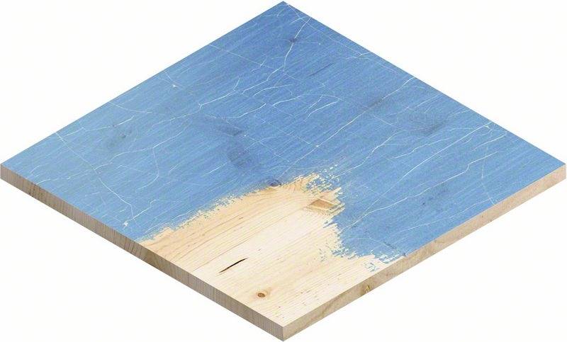 Un morceau de bois carré peint en bleu, dont la peinture s'est partiellement écaillée, révélant le bois naturel en dessous.