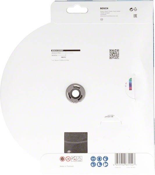 Emballage d'un disque à tronçonner Bosch. Contient des informations telles que le numéro de modèle et le code-barres. Disque de meulage pour le travail du bois et des métaux.