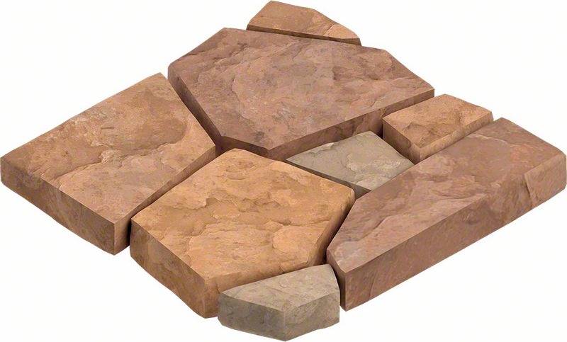 Six pierres plates de forme irrégulière, de couleur orange, disposées sur un fond clair.