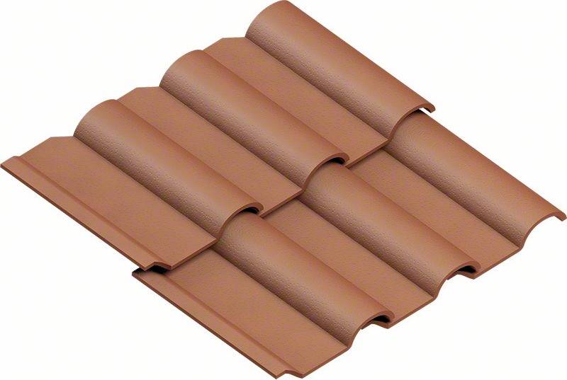 Toiture en tuiles : Tuiles rouges et incurvées disposées selon un motif traditionnel, adaptées aux toits de maisons. Résistantes aux intempéries et décoratives.