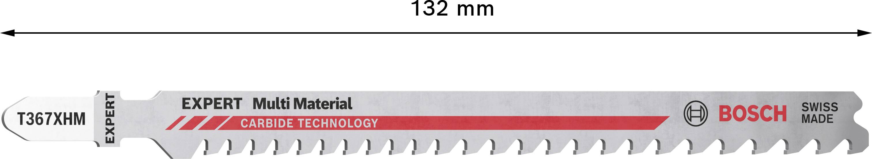 Lame de scie sauteuse, 132 mm de long, adaptée aux multi-matériaux. Inscription : 'EXPERT Multi Matériaux', 'TECHNOLOGIE CARBURE', 'BOSCH SWISS MADE'.