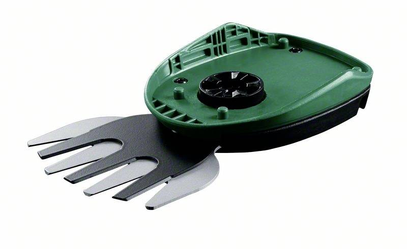 Un capot vert pour un sécateur électrique à lames courtes et larges, adapté à la coupe de petits arbustes et d'herbe.