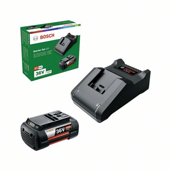 Chargeur de batterie et batterie Bosch en ensemble, sur fond blanc. L'emballage présente l'image du produit et la compatibilité 36V.