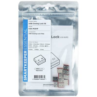 Emballage transparent avec couvercle USB, nom du produit 'USB Closing Lock 10', modèle 'CSK-PC01P', lot de 10 pièces, couleurs variées.