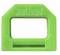 Clip en plastique vert avec une ouverture rectangulaire, des lettres difficilement lisibles sont imprimées dans la partie supérieure.