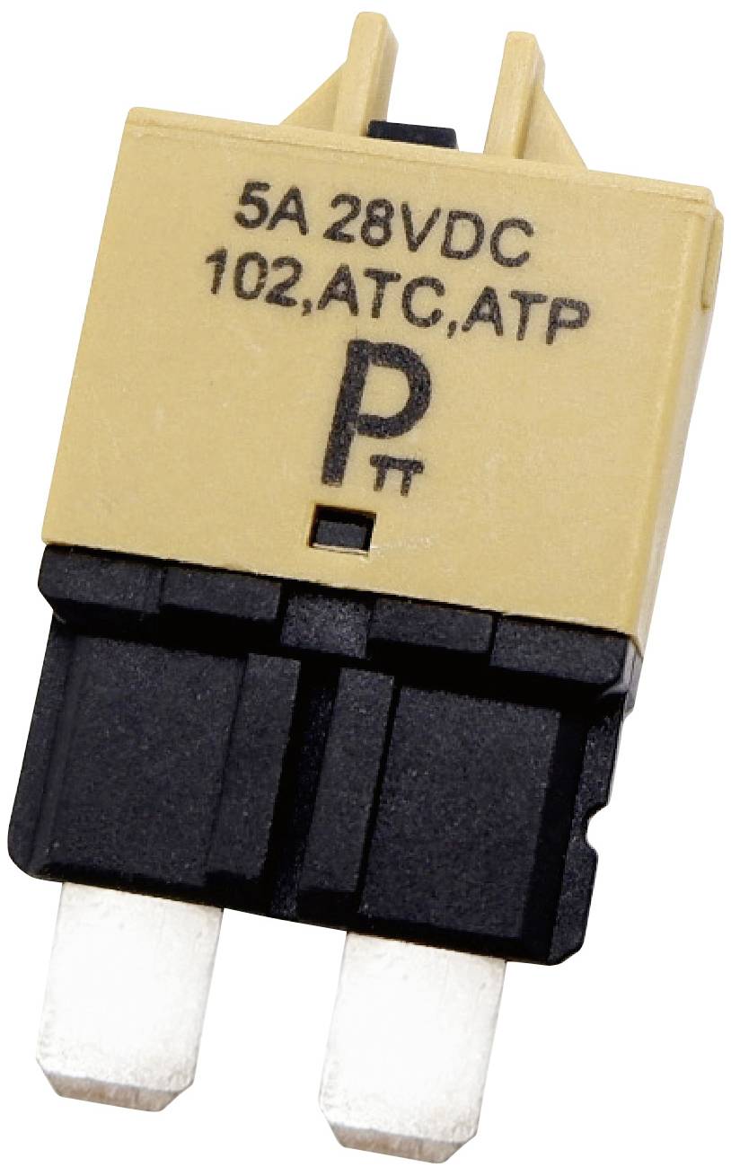 Un composant de fusible plat jaune et noir portant l'inscription '5A 28VDC, 102, ATC, ATP'.