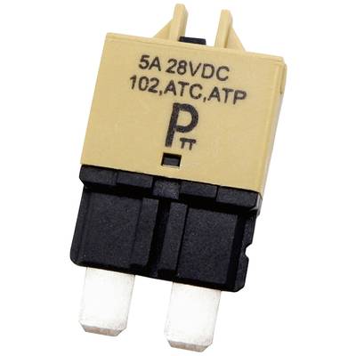 Un composant de fusible plat jaune et noir portant l'inscription '5A 28VDC, 102, ATC, ATP'.