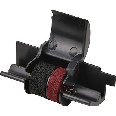 Pièce en plastique noir avec rouleau en mousse rouge et noir, probablement une pièce de rechange pour imprimante ou machine de bureau.