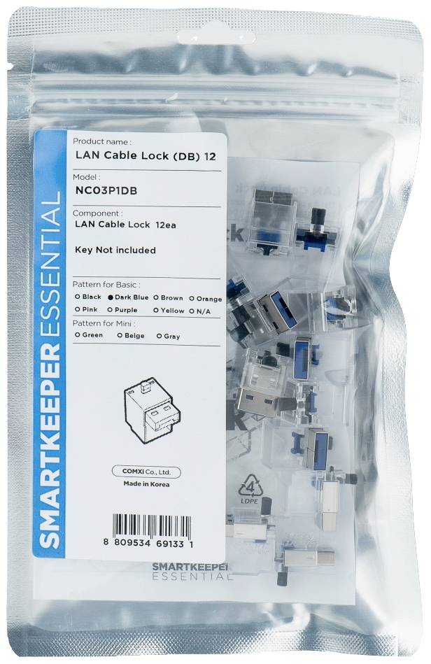 Un sachet de verrous de câble RJ45 'SMARTKEEPER ESSENTIAL', modèle NC03P1DB, 12 pièces. Clé non incluse.