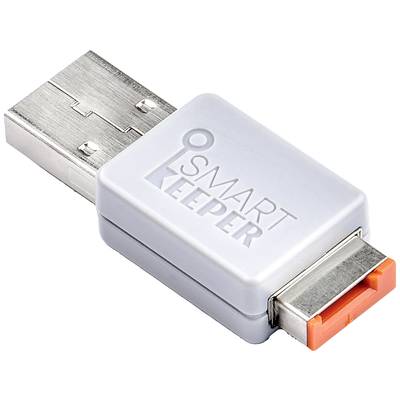 Périphérique USB portant l'inscription 'SMART KEEPER'. Il a un corps gris et une extrémité orange. Destiné à protéger les interfaces.