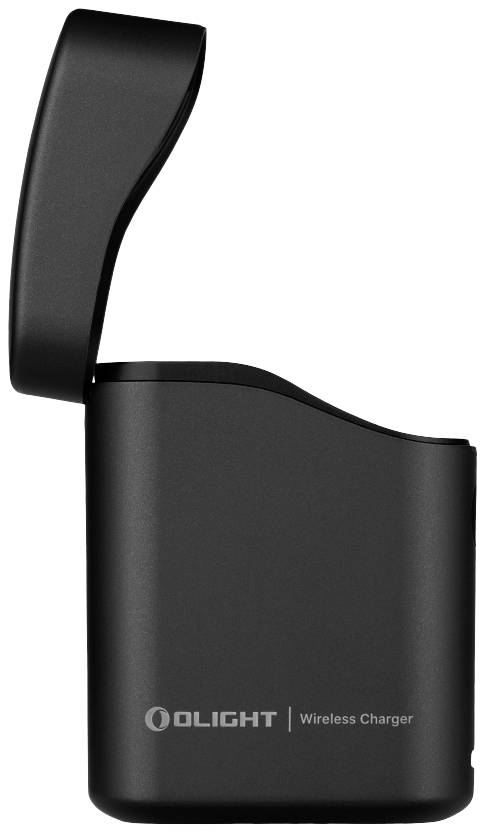 Étui de chargement noir ouvert de la marque Olight portant l'inscription 'Chargeur sans fil'.