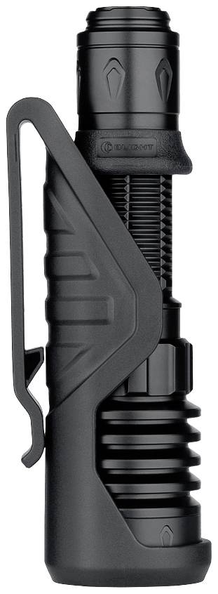 Lampe de poche LED noire avec une longue poignée nervurée et un clip sur le côté. Adaptée aux activités de plein air ou pour une utilisation en cas d'urgence.