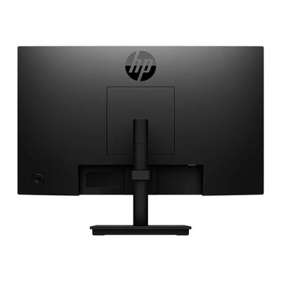 Moniteur d'ordinateur noir HP vu de dos, avec un socle rectangulaire au centre.