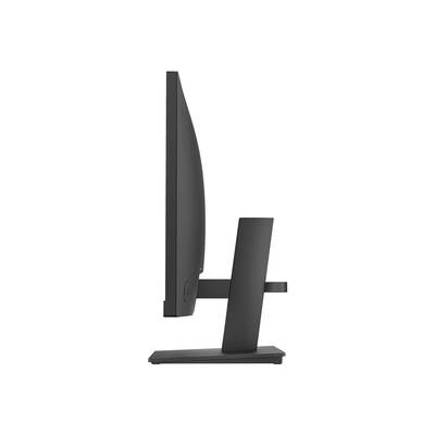 Vue latérale d'un moniteur d'ordinateur noir sur un support, avec un écran légèrement incurvé et un design élégant.