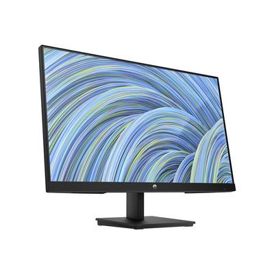 Un moniteur d'ordinateur noir avec un motif de lignes abstraites bleues et vertes à l'écran. Le moniteur est légèrement incliné vers la droite.