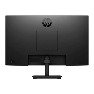Un moniteur d'ordinateur noir vu de dos, avec un logo HP visible et un pied de support.