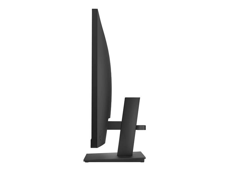 Un moniteur d'ordinateur noir plat, pris de côté, avec un écran incurvé, posé sur un socle rectangulaire.