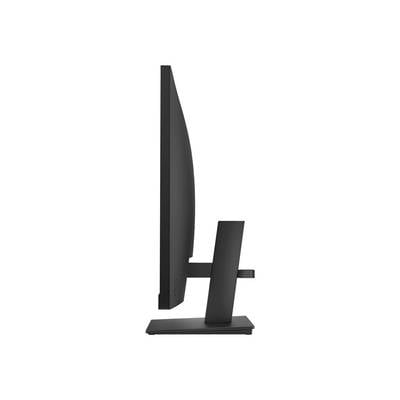 Un moniteur d'ordinateur noir plat, pris de côté, avec un écran incurvé, posé sur un socle rectangulaire.