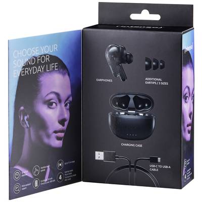 Emballage d'écouteurs sans fil avec étui de charge, câble USB-C et trois tailles d'embouts. Inscription : 'Choisissez votre son pour la vie quotidienne'.