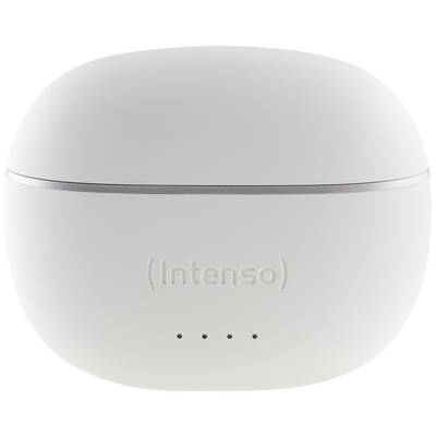 Boîte de chargement blanche ovale avec le logo 'Intenso' sur la face avant, avec quatre petites LED en dessous pour indiquer le statut de charge.
