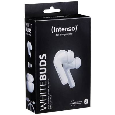 Emballage des Intenso WhiteBuds, écouteurs intra-auriculaires sans fil avec réduction active du bruit et Bluetooth 5.3.
