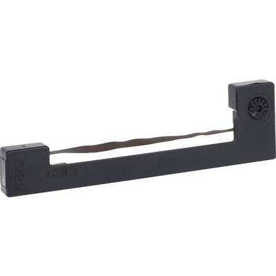 Cassette de ruban encreur noir dans un boîtier rectangulaire, utilisée pour les imprimantes ou les appareils d'écriture, avec touche de déverrouillage sur le côté.