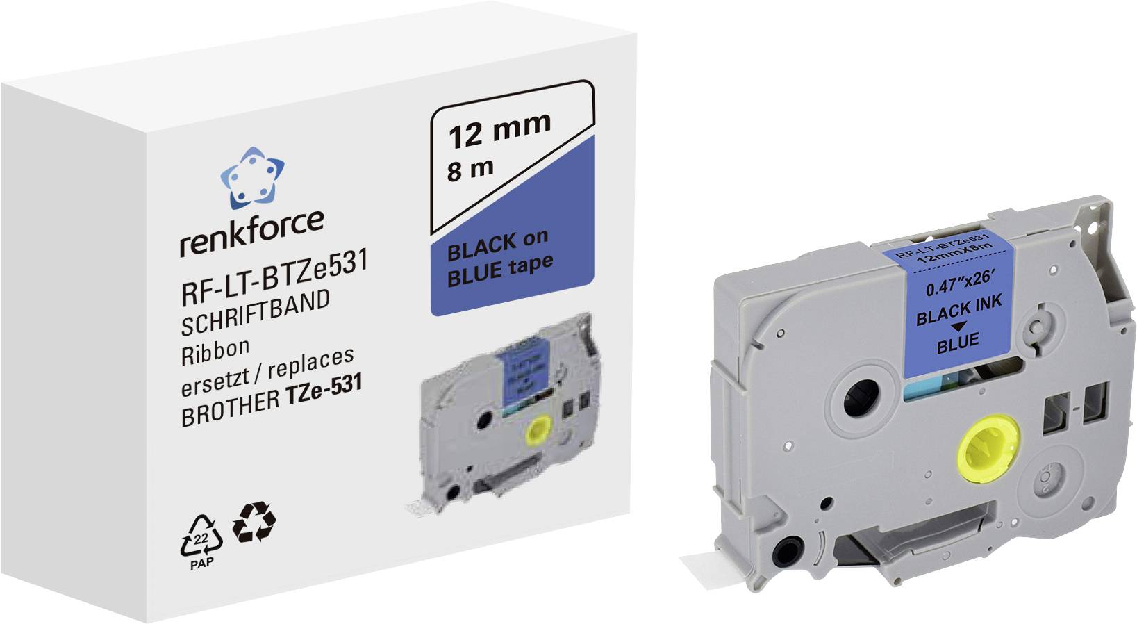Renkforce RF-LT-BTZe531 compatible remplace Brother TZe-531 12 mm Couleur de ruban: bleu Couleur de police: noir 8 m