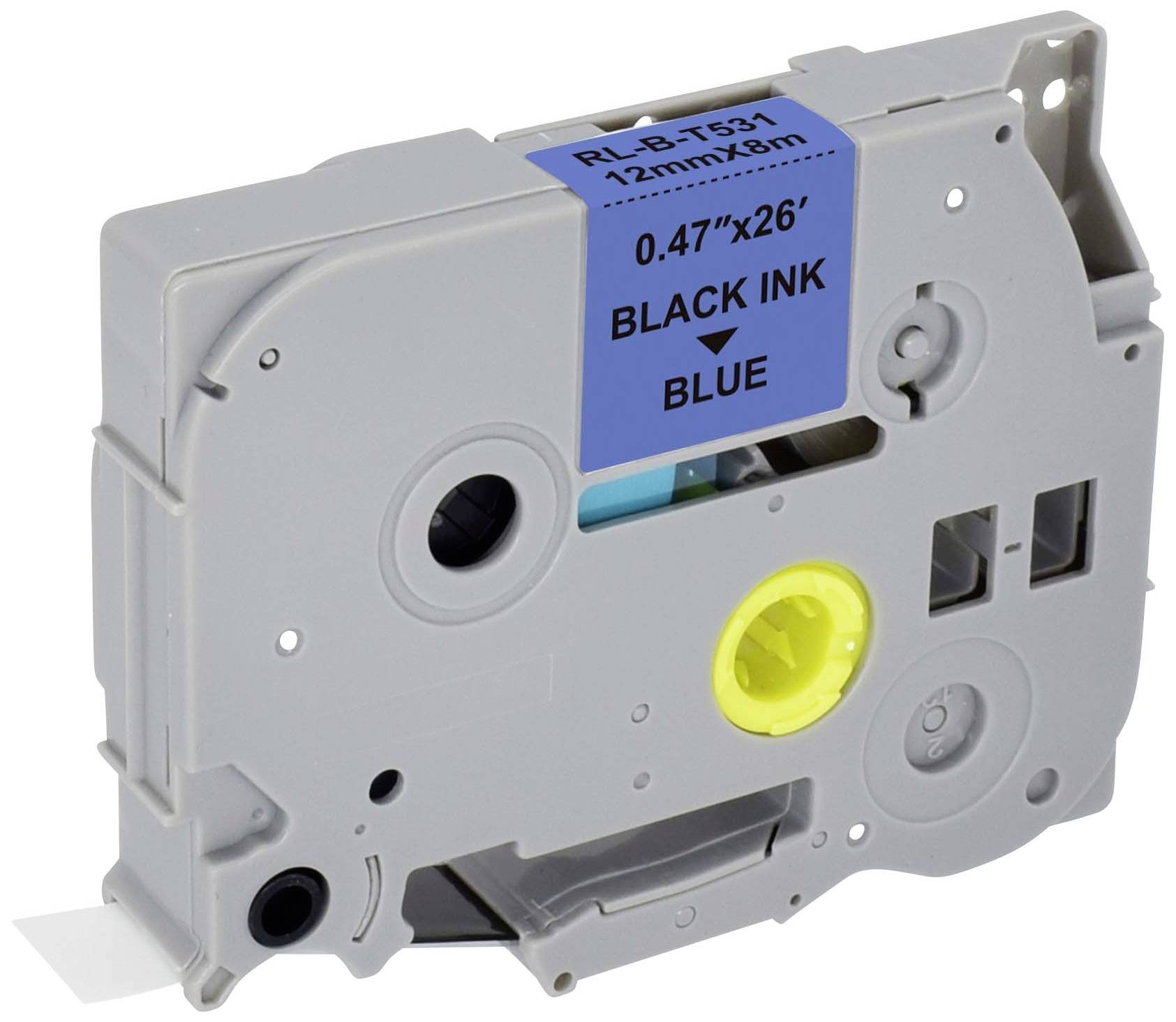 Une cassette de ruban d'étiqueteuse grise avec une étiquette bleue indiquant 'BLACK INK BLUE'. Convient pour les imprimantes d'étiquettes.