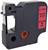 Une cassette d'étiquettes noire portant l'inscription « 9mm x 7m, encre noire sur fond rouge ».