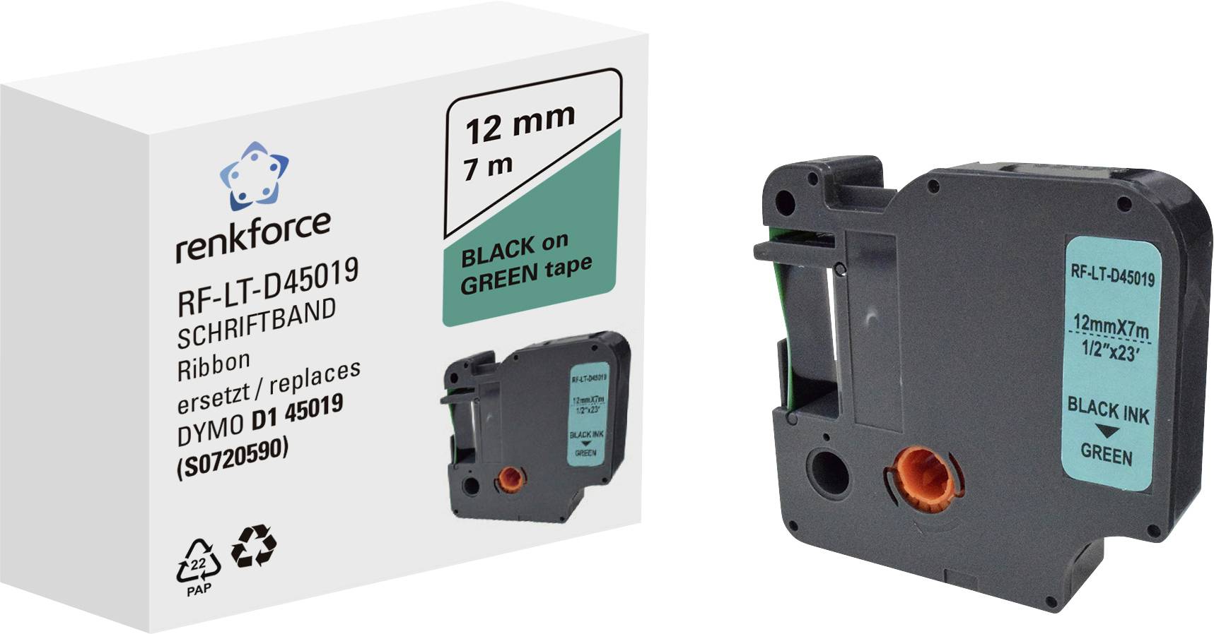 Renkforce RF-LT-D45019 compatible remplace DYMO D1 - 45019 12 mm Couleur de ruban: vert Couleur de police: noir 7 m
