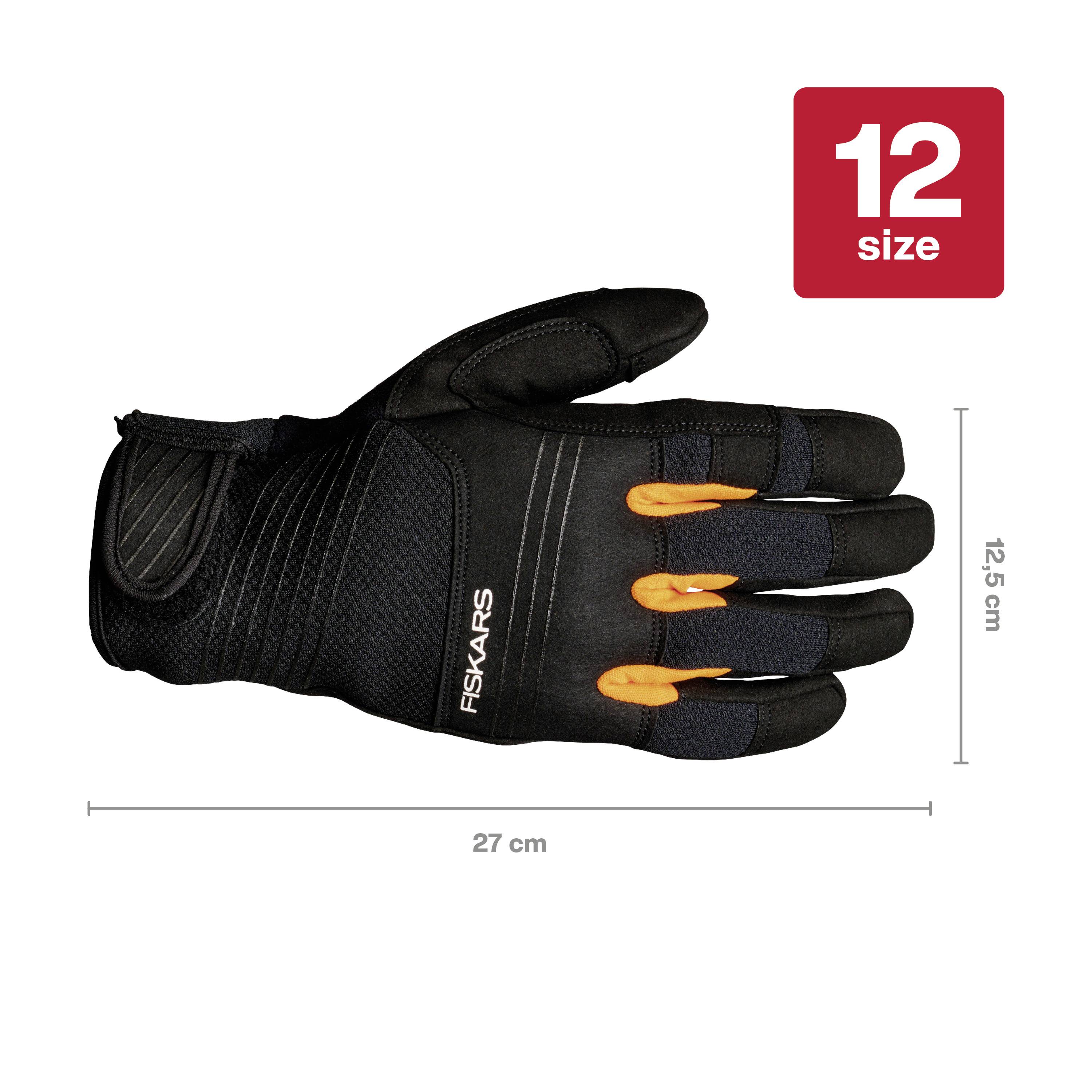 Gant de travail pour homme, taille 12. Noir avec bouts des doigts orange. Longueur totale : 27 cm, largeur : 12,5 cm.