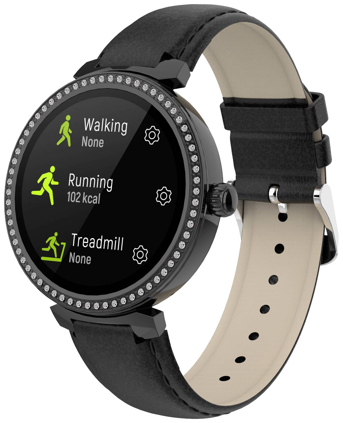 Montre connectée noire avec bracelet en cuir affichant les objectifs de fitness : Marche (Aucun), Course (102 kcal), Tapis roulant (Aucun).