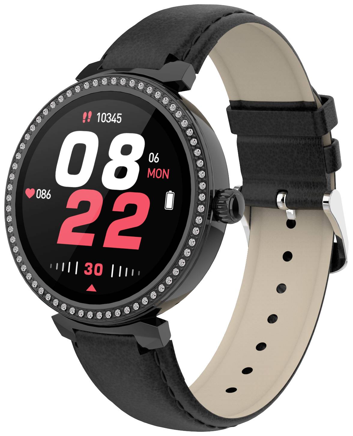 Une montre connectée noire à cadran rond affiche l'heure 8:22 et la date lundi, 6. Le bracelet est noir avec une boucle argentée.