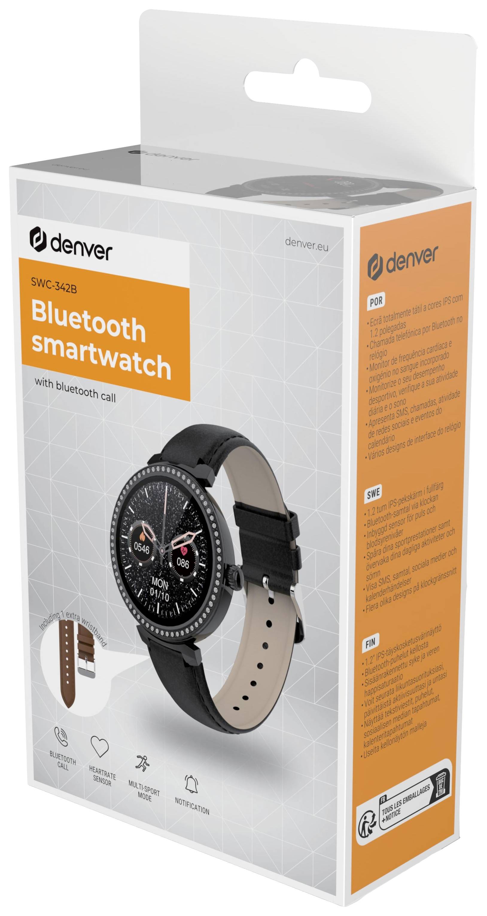 Emballage d'une montre connectée Bluetooth avec image de la montre. Fonctions : Appel Bluetooth, mesure du rythme cardiaque, suivi du sommeil. Marque 'Denver'.