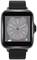 Montre intelligente noire avec cadran rond, affichant l'heure, la fréquence cardiaque, le statut météorologique et le niveau de batterie sur un écran gris.