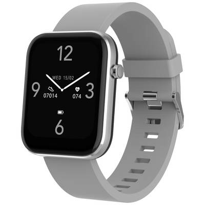 Une montre connectée carrée avec un boîtier argenté et un bracelet gris affiche la date, l'heure et la fréquence cardiaque sur son cadran.