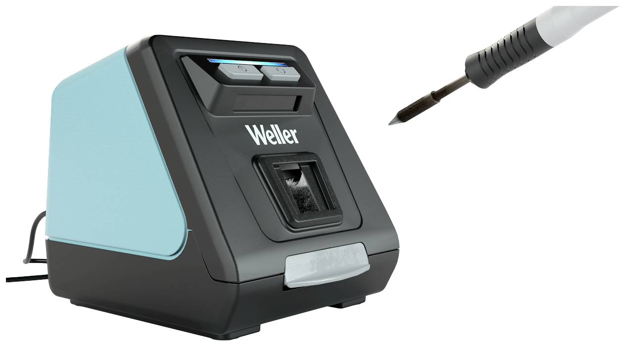 Station de soudage avec écran numérique et fer à souder connecté, montrant les boutons de commande et le logo Weller.