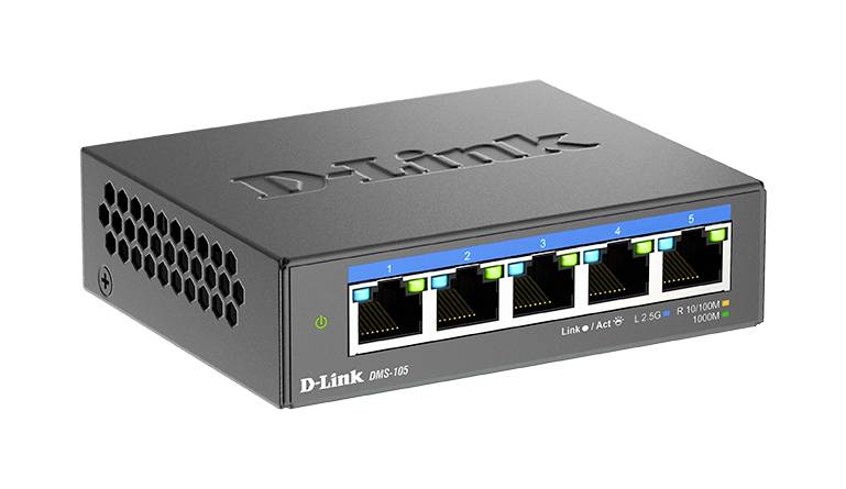 Un commutateur réseau noir et rectangulaire de la marque D-Link doté de cinq ports Ethernet à l'avant, numérotés de 1 à 5.