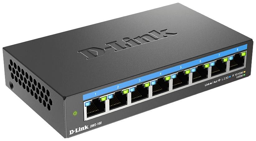 Un commutateur réseau noir de la marque D-Link avec huit ports Ethernet, des voyants LED verts, utilisé pour connecter plusieurs appareils sur un réseau.