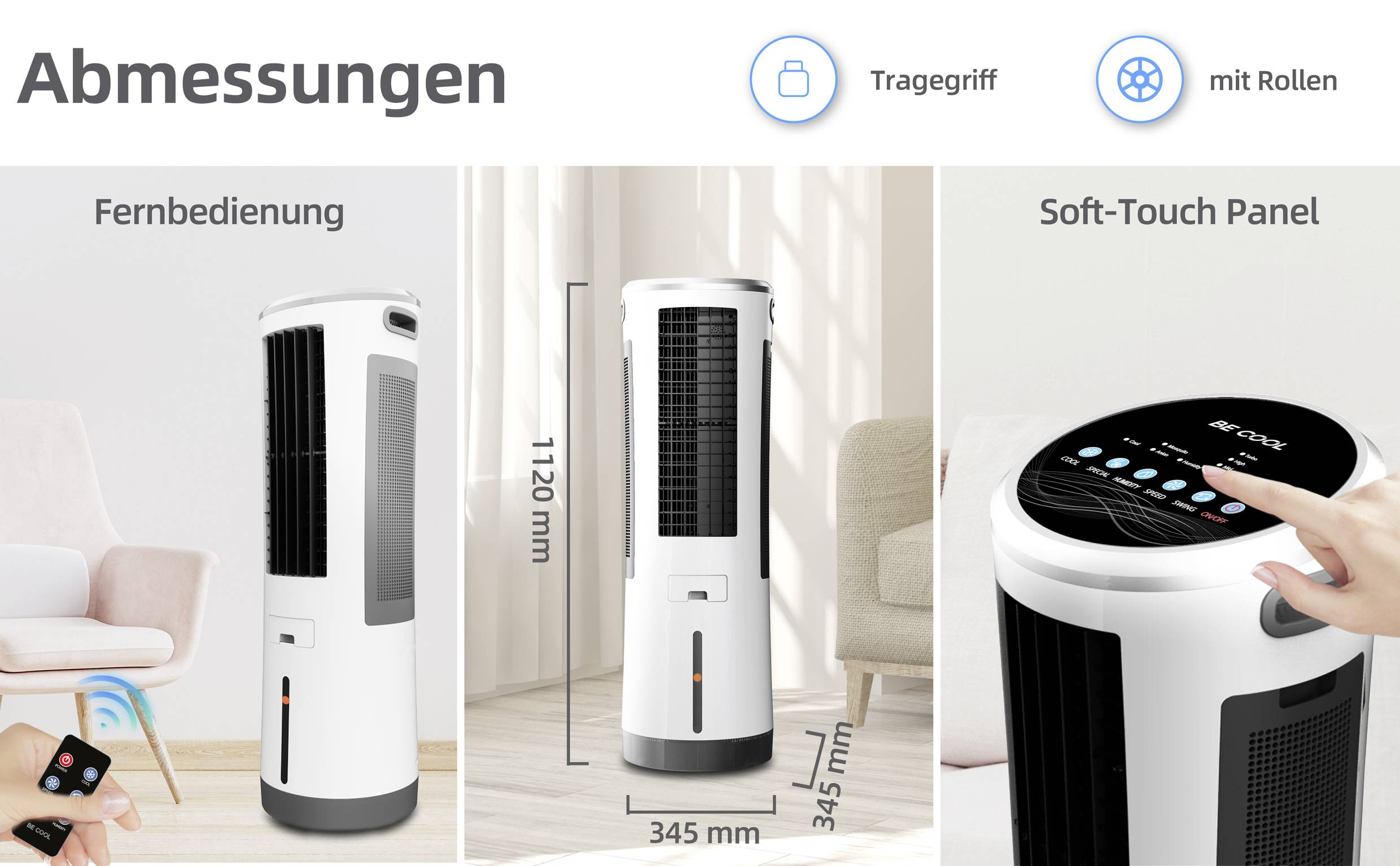 Un ventilateur blanc dans le salon avec une télécommande. Texte : '4 vitesses', 'Faible', 'Moyen', 'Élevé', 'Turbo'.