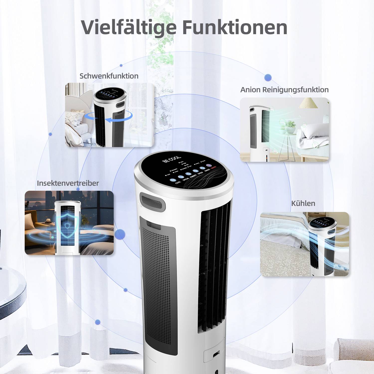 Un purificateur d'air présente ses principales fonctions : oscillation, purification par ions négatifs, répulsion des insectes et rafraîchissement, entouré d'images symboliques.