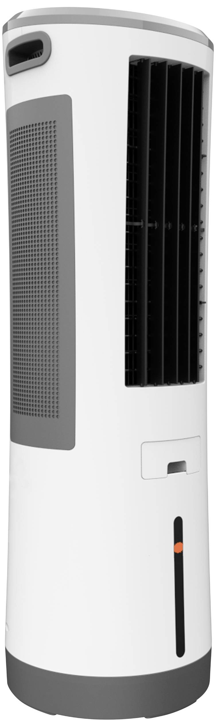 Refroidisseur statique blanc avec grille avant noire et accents gris. Sortie d'air à l'avant, fentes de ventilation sur le côté.