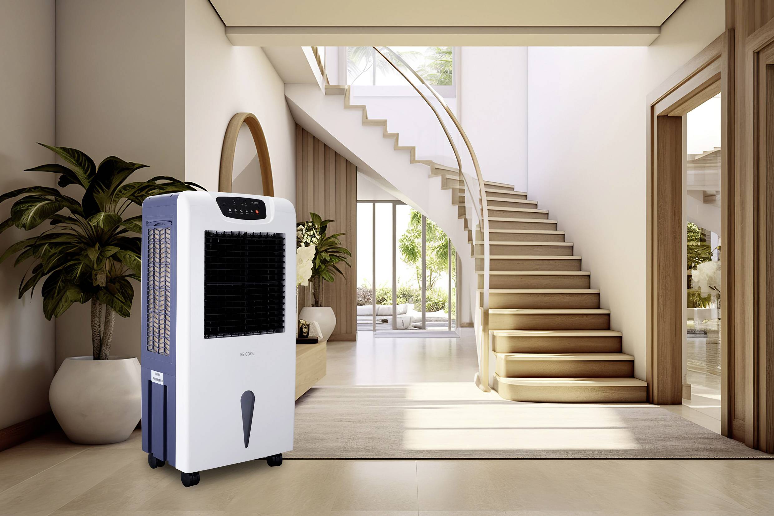 Un climatiseur moderne est placé dans un salon lumineux et élégant, devant un escalier courbe et des plantes.